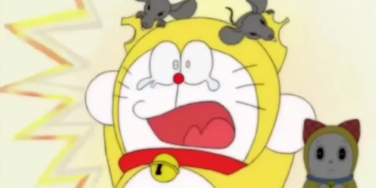 Doraemi explaining Nobita how Doraemon lost his ears