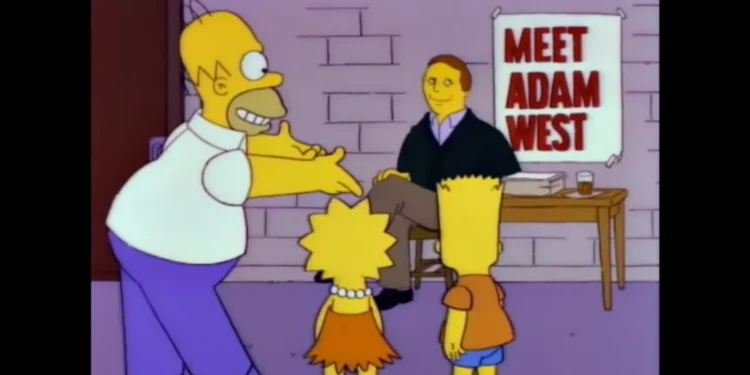 Marvel, DC and Simpsons crossover - Mr. Plow: Homer introducing Bart and Lisa to the actor of Batman(1966), Adam West