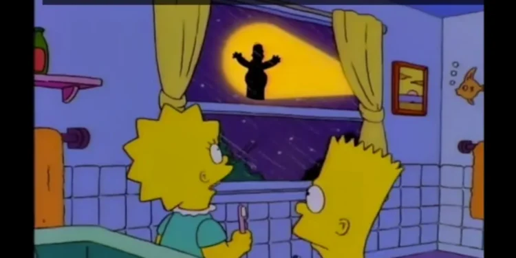 Marvel, DC and Simpsons crossover - El Viaje Misterioso de Nuestro Jomer (The Mysterious Voyage of Homer): Bart and Lisa witness a Bat Signal