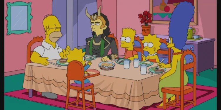 The Good, the Bart, and the Loki: Loki having dinner with the Simpsons family