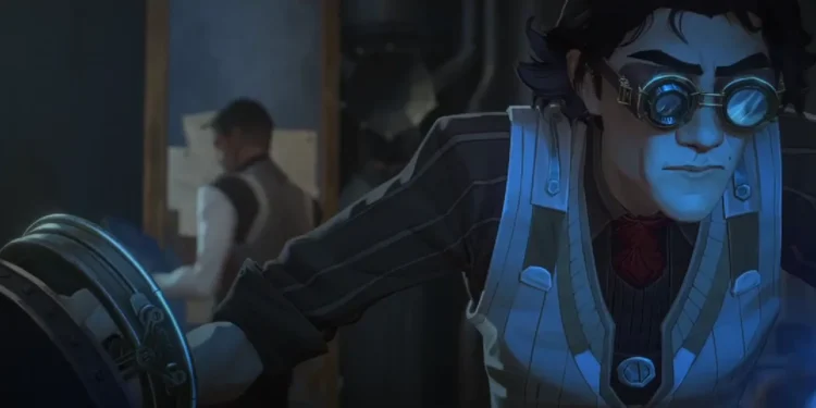 Arcane Season 1: Viktor working relentlessly as Jayce talks about the events at the Academy Council